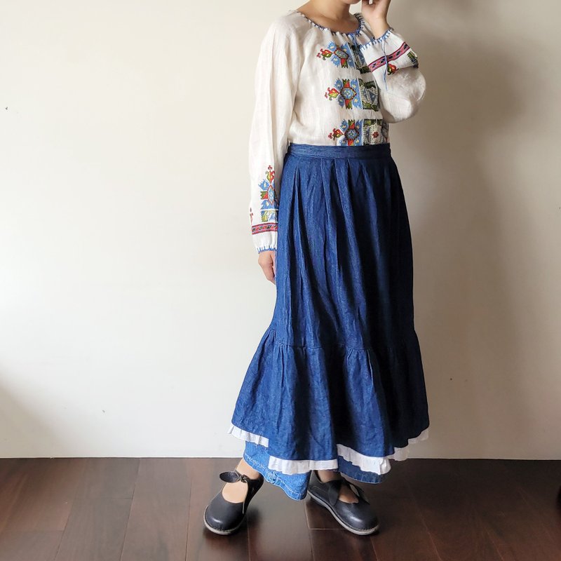 BajuTua/古著/ 歐洲古典暗藍 蕾絲蛋糕裙 - 裙子/長裙 - 棉．麻 藍色