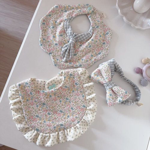 Lianne baby 梨安手工嬰兒禮物 彌月禮 新生兒見面禮 周歲禮 (可單買) 春野糖花 三件組 韓國天然染色公主花瓣領兜