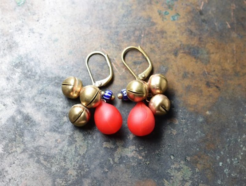 Bright red wedding beads and bells, blue striped bead earrings - Earrings & Clip-ons - Glass 
