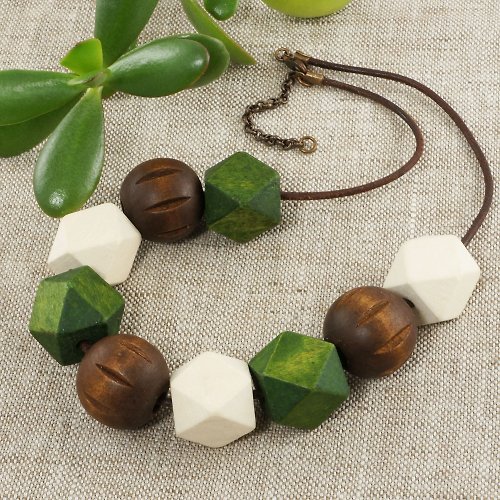 AGATIX Green Brown Wooden Large Beaded Geometric Necklace Woman Jewelry Gift for her