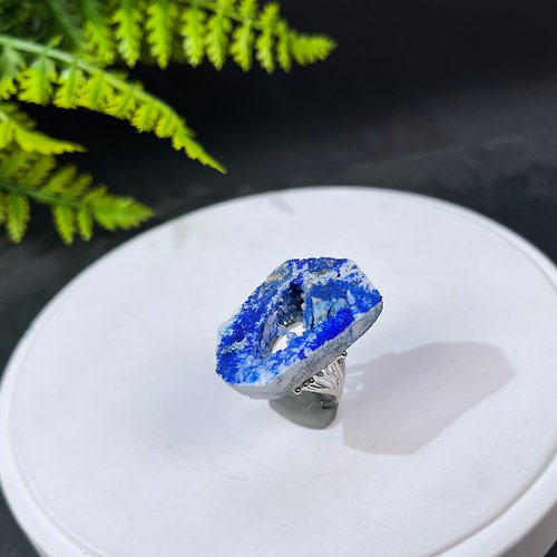 WANZAMGOK 獨特藍銅礦活口戒指 晶洞晶簇隨形原石礦物標本手工指環 S925銀