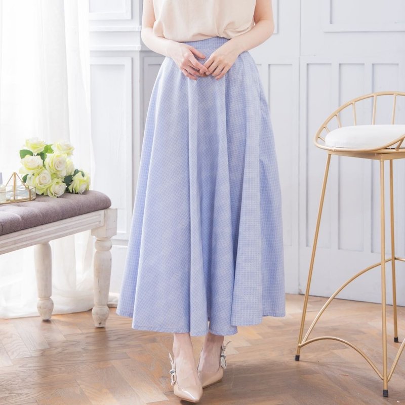 Minimalist & Versatile Cotton Plaid Pocket A-Line Skirt - Blue - กระโปรง - ผ้าฝ้าย/ผ้าลินิน สีน้ำเงิน