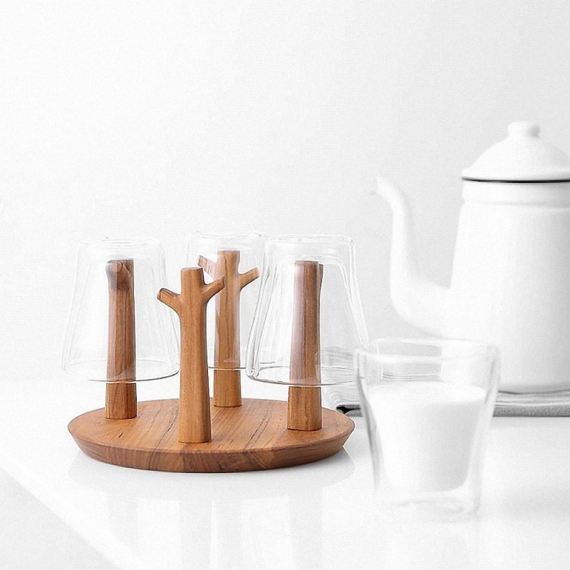 FOREST GLASS STAND(SET OF 4 GLASSES AND WOODEN STAND) - Cookware - Wood Brown