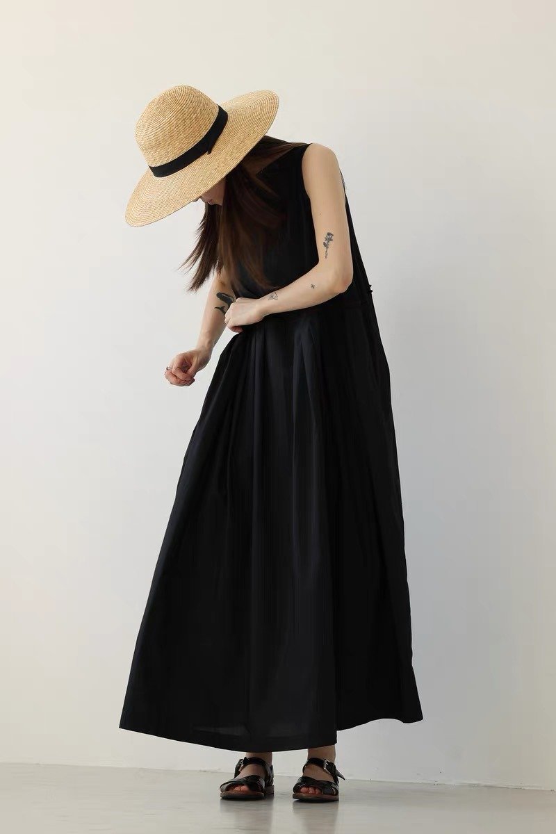 3rd 日產進口有機棉紅線百褶背心裙 sleeveless dress - 洋裝/連身裙 - 棉．麻 黑色