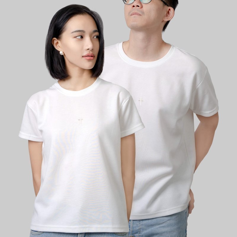 小十字架 白T 男女不拘 - 女 T 恤 - 棉．麻 白色