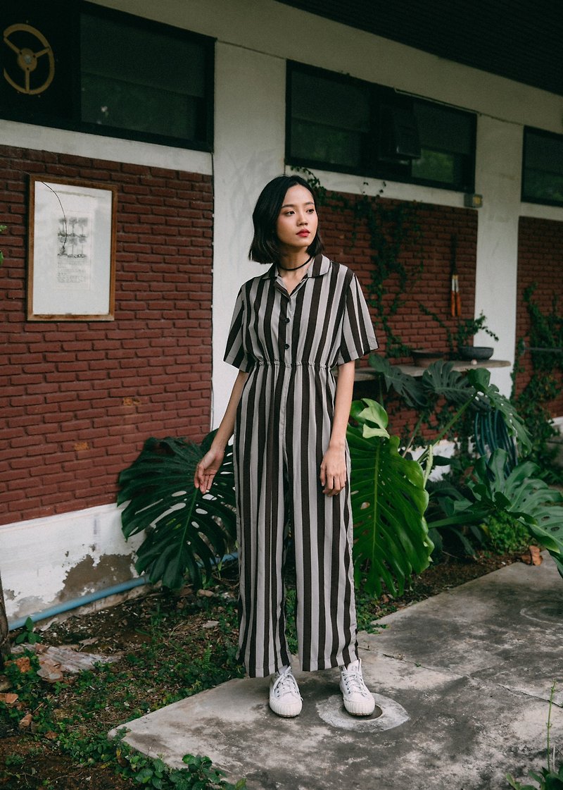 GREY STRIPE HAWAII COLLAR JUMPSUIT WITH ELASTIC WAIST - Overalls & Jumpsuits - Other Materials Gray