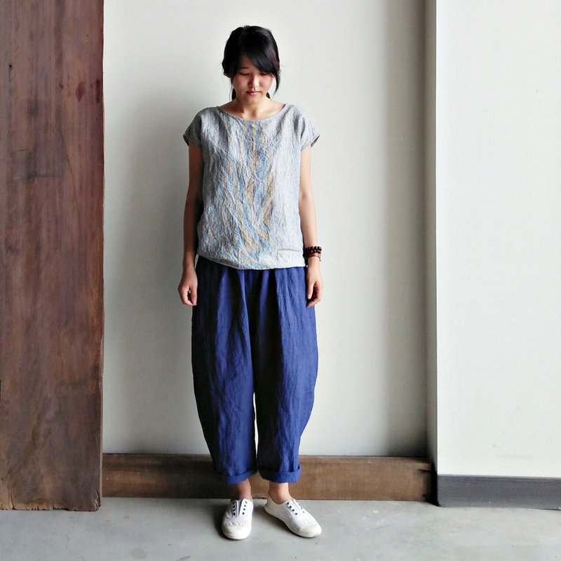 Fat low-end cropped trousers linen blue - Women's Pants - Cotton & Hemp Blue