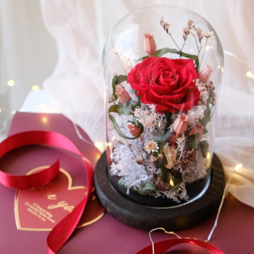 花敢森活不凋花、 永生花、乾燥花、人造花設計 玻璃鐘罩/紅色/不凋花/永生花/乾燥花/情人節/七夕