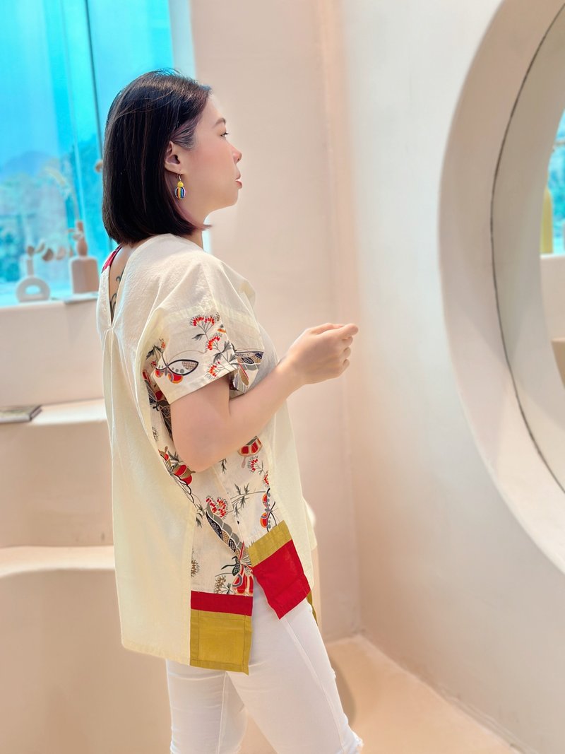 長版自由風格不對稱拼接古典花蝴蝶撞色四角衣四方衣 - 洋裝/連身裙 - 棉．麻 黃色