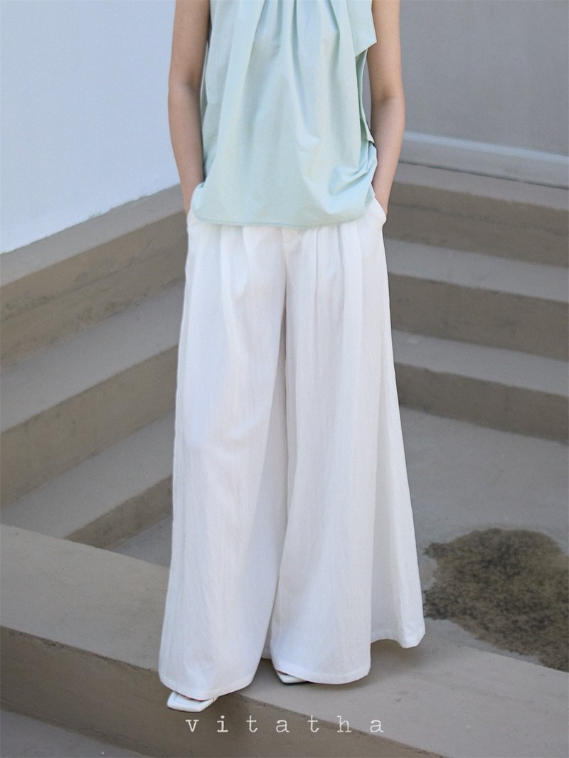 White 2-color heavyweight loose elastic drape wide-leg wide pants spring and summer loose temperament culottes - กางเกงขายาว - ผ้าฝ้าย/ผ้าลินิน ขาว