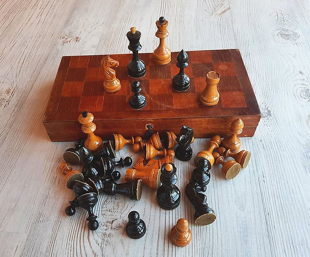 Antique Russian chess pieces Cannon Rook - wooden old Soviet