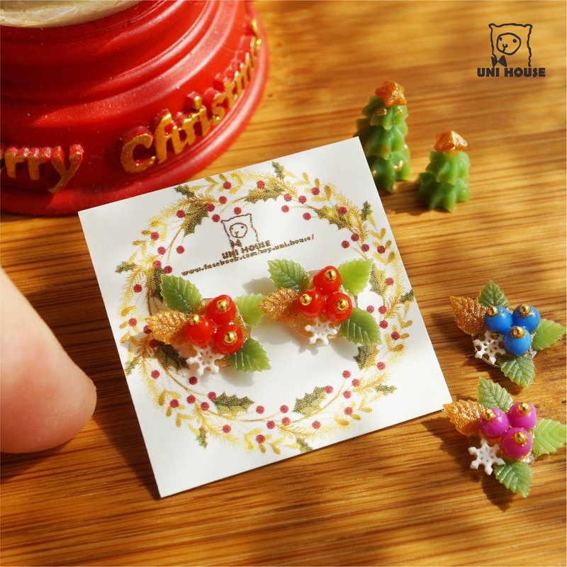羊奶的家*手作/聖誕果子花圈(鋼針.矽膠耳夾) - 耳環/耳夾/耳骨夾 - 樹脂 紅色