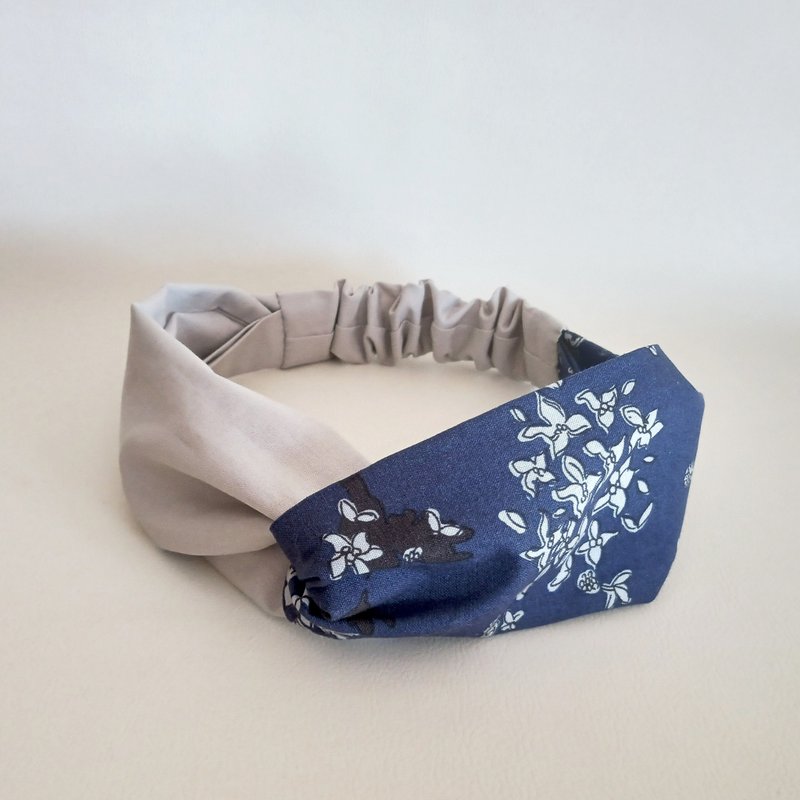 クロスタイプのヘアバンド　ターバン　鳥花青×ライトグレー　27 - 髮箍/髮帶 - 棉．麻 藍色