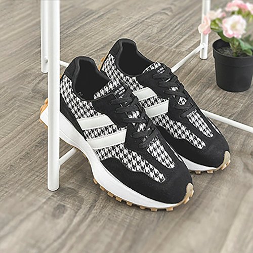 富發牌古著鞋 FUFASHOES 千鳥格紋拼接休閒鞋-黑/杏 1CK113