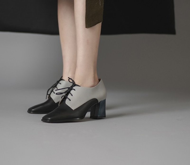 Minimalist retro square head oblique thick with leather oxford shoes blue black gray - รองเท้าอ็อกฟอร์ดผู้หญิง - หนังแท้ สีดำ