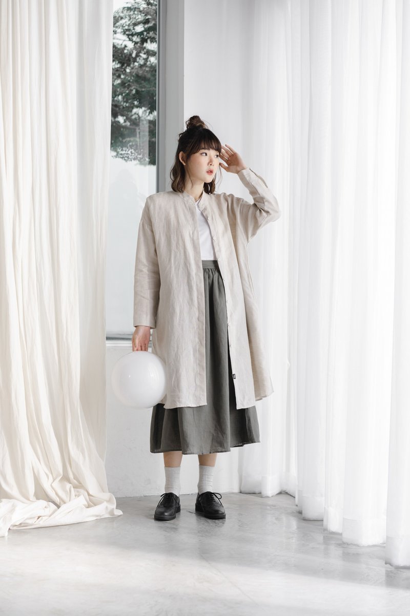 Linen Mandarin Collar Long Sleeve Dress and Tunic - Natural - 洋裝/連身裙 - 亞麻 卡其色