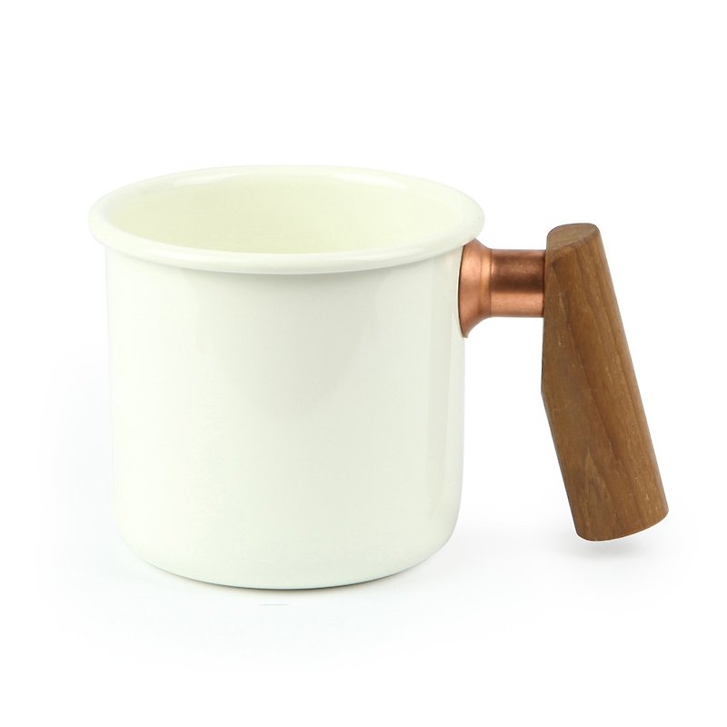 【客製化禮物】木柄 琺瑯杯 400ml (月光白) - 咖啡杯 - 琺瑯 白色
