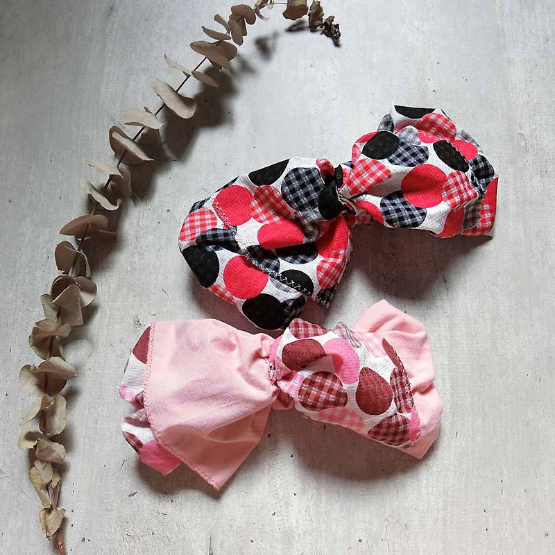 巨蝶髮帶(織紋粉紅點)-整條可拆開 - 髮帶/頭箍 - 棉．麻 粉紅色