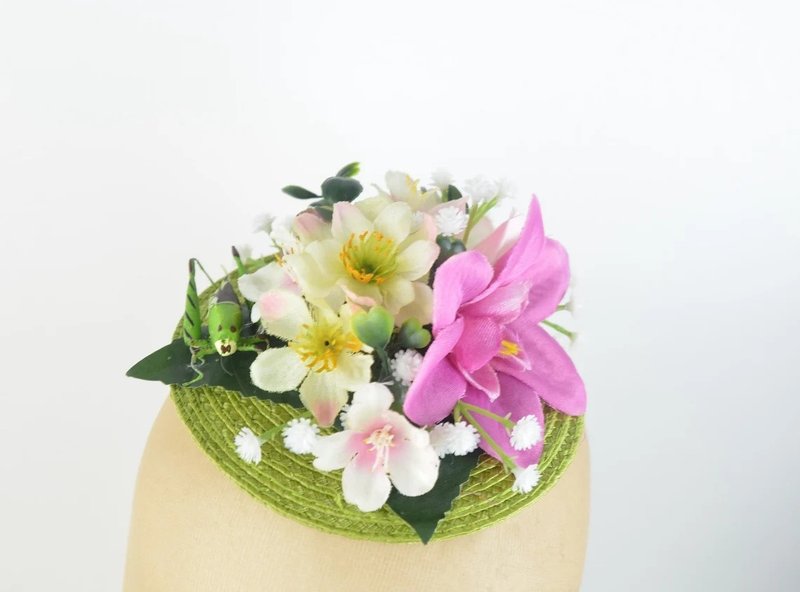 Headpiece Cocktail Hat Pink Orchid Silk Flowers and Grasshopper Floral Crown - 髮夾/髮圈 - 其他材質 綠色