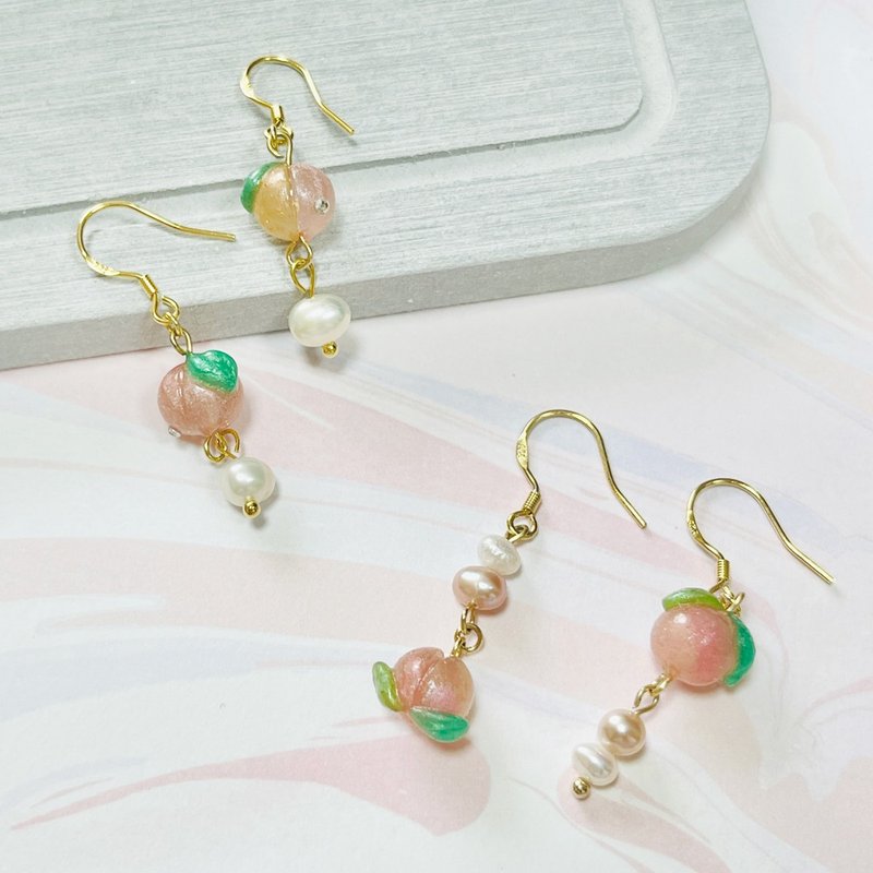 [Customized] Natural Pearl 925 Sterling Silver Earrings Series Sweet Peach Style Handmade - ต่างหู - ไข่มุก สึชมพู