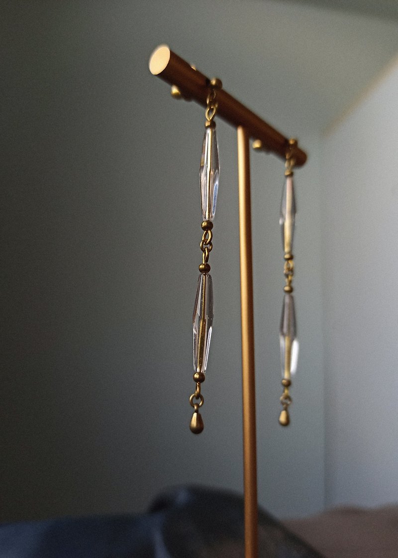 Transparent Classical Long Earrings Bronze/Corner Cut Glass - ต่างหู - แก้ว สีใส