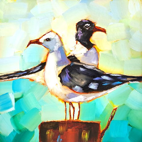 原創藝術 Seagull Painting Gulls Original Art Bird Oil Painting Animal Small Artwork