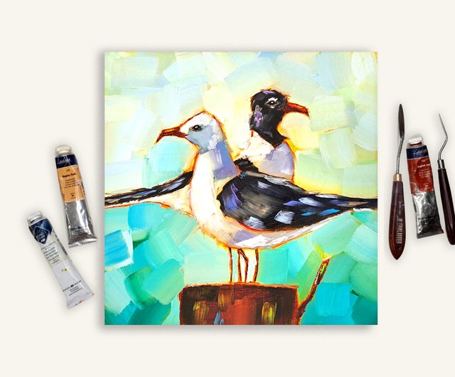 Seagull Bird. palette knife, impasto. Original oil painting