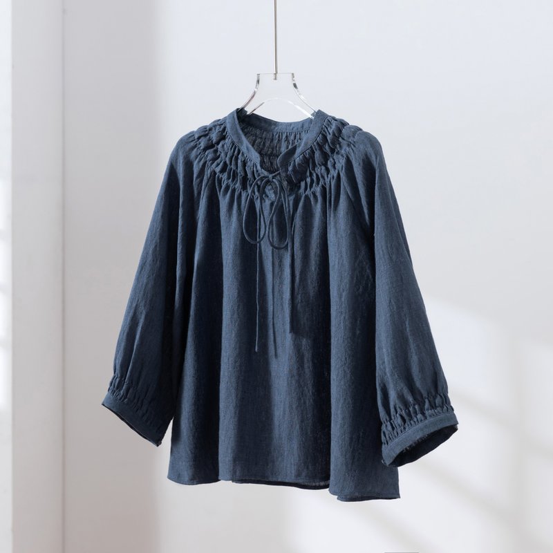 ハンドメイド感たっぷりのチュックドブラウス　 リネン100%　リネンブラウス ピンク　紺色　250810-3 - 女上衣/長袖上衣 - 棉．麻 藍色