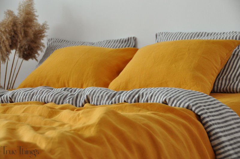 Turmeric linen pillowcase / Yellow pillow cover / Euro, American, Taiwan size - Bedding - Linen Yellow