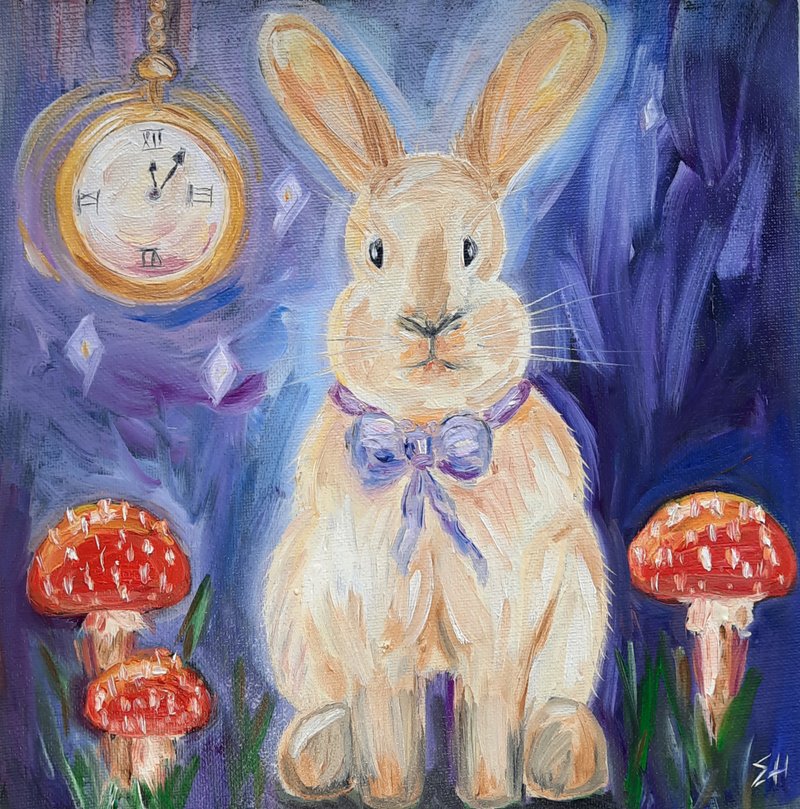 White rabbit oil painting Alice in wonderland painting Christmas Gift Wrapping - 海報/掛畫/掛布 - 棉．麻 藍色