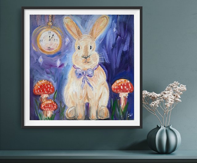 白ウサギの油絵 不思議の国のアリスの絵 クリスマス ギフトラッピング