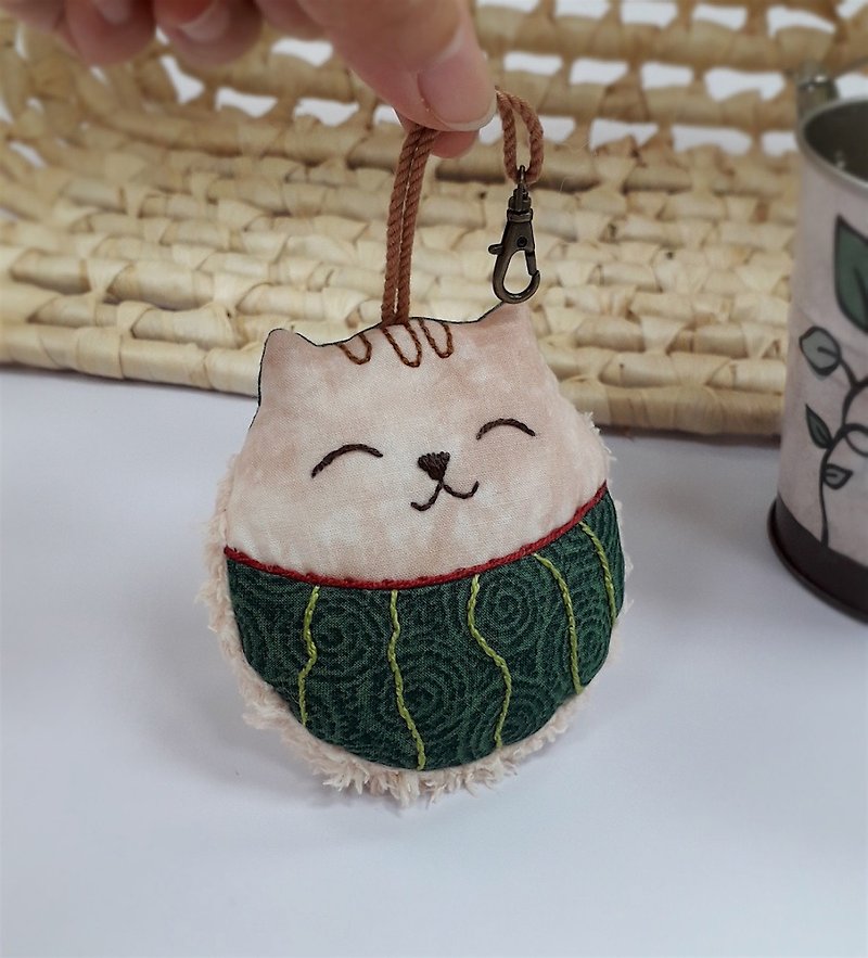 スイカの猫のキーペンダントの形の埃のワイプ - チャーム - コットン・麻 グリーン