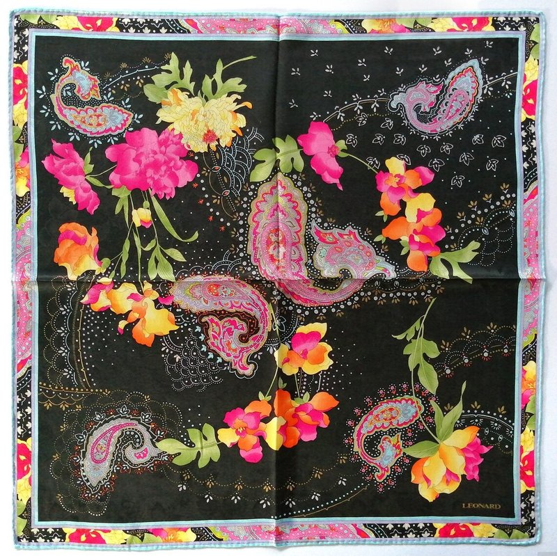 Leonard Vintage Silk Scarf Floral Christmas Gifts for Her 20.5 x 20.5 inches - 絲巾 - 絲．絹 黑色