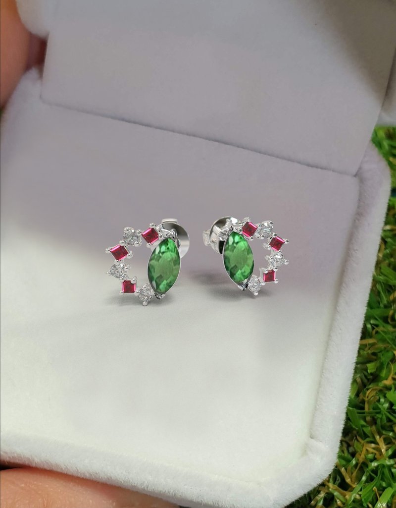 Real 9K White Gold Tsavorite Marquise Earrings Stud / Earrings Fine Jewelry - 耳環/耳夾/耳骨夾 - 寶石 紅色