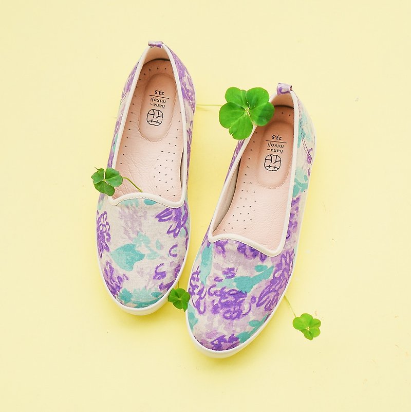Loafer Slip-on casual shoes Flat Sneakers with Japanese fabrics Leather insole - รองเท้าลำลองผู้หญิง - ผ้าฝ้าย/ผ้าลินิน สีม่วง