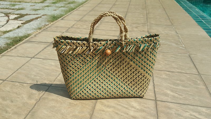 A krajood tote bag with stripes around the leaf. Large strap to close & open bag - Handbags & Totes - Plants & Flowers Green