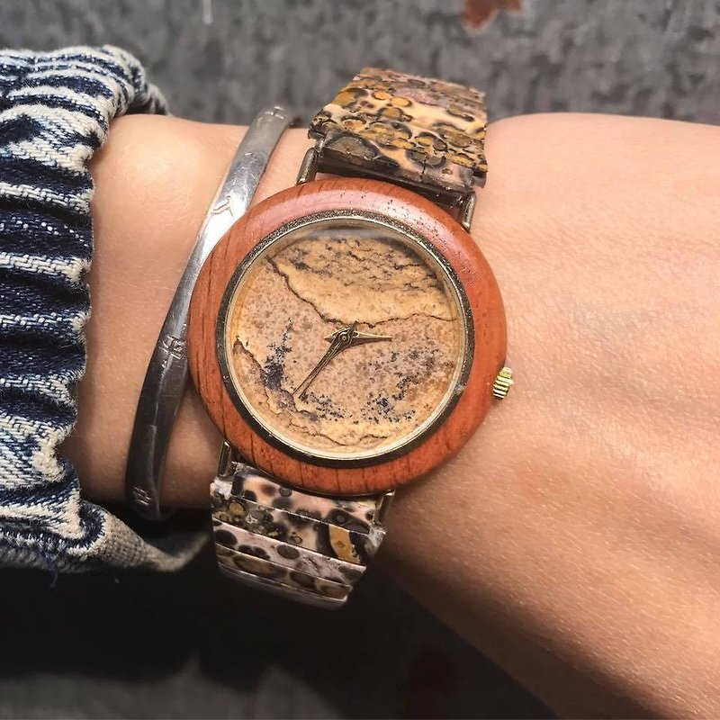 【Lost And Find】Natural  wood stone panther agate watch - Women's Watches - Gemstone Brown