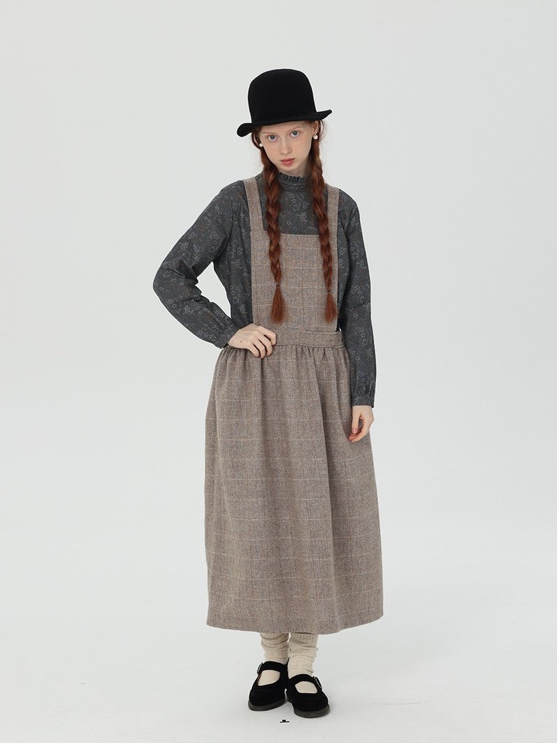 Beige plaid all-wool two-wear detachable wool suspender skirt - ชุดเดรส - ขนแกะ สีดำ