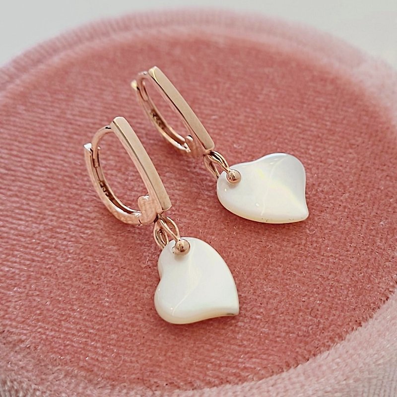 14k白色心形珍珠母耳環 - 耳環/耳夾 - 玫瑰金 金色
