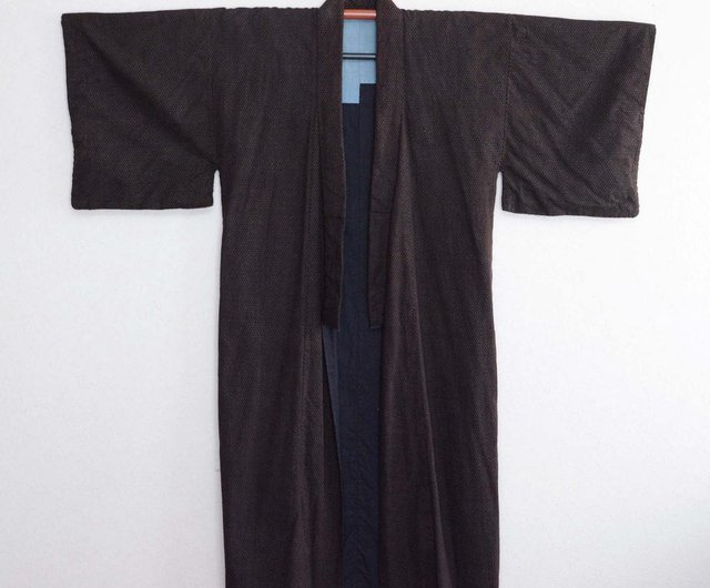 茶色の蚊絣アンティーク着物男性用裏面クレイジーパターンジャパン 