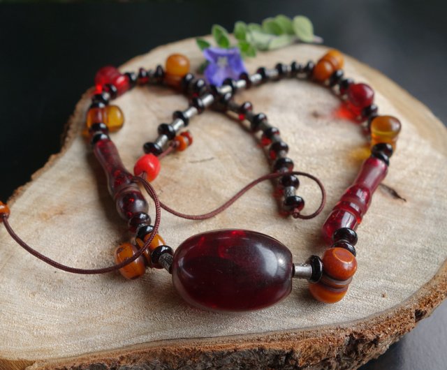 アンティークOLDビーズネックレス アンバー琥珀 レッドビーズターコイズシルバー アンティーク蝋23.8g琥珀琥珀ネックレスネックレス古い蝋チベット古い