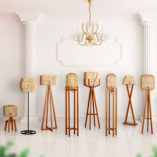 チークの木フロアランプ 5 天然ラタンランプシェード バリレジャー