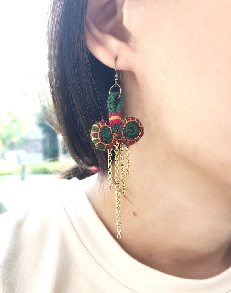 Necklace Series-Earrings/Moiré Plate Buckle - ต่างหู - ผ้าฝ้าย/ผ้าลินิน สีเขียว