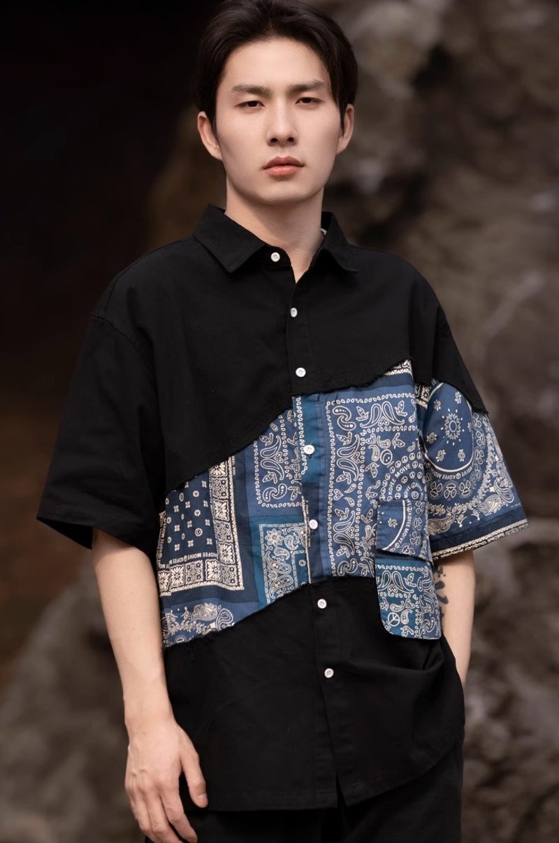 中國風復古 撞色翻領拼接襯衫 - 男襯衫/休閒襯衫 - 其他材質 黑色