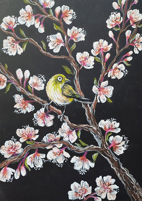 Nadinart Cherry blossoms drawing flowers art painting oil pastel a bird on a branch art