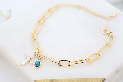 AnnaJewelleryStudio Oval Link Chain Cross & Blue Opal Cham Bracelet, Delicate Handmade Bracelet
