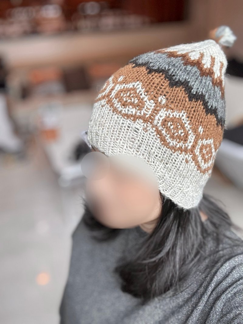 童/成人聖誕禮物/南美洲秘魯100%純羊駝毛輕暖手工帽卡其民族菱形 - 帽子 - 羊毛 白色