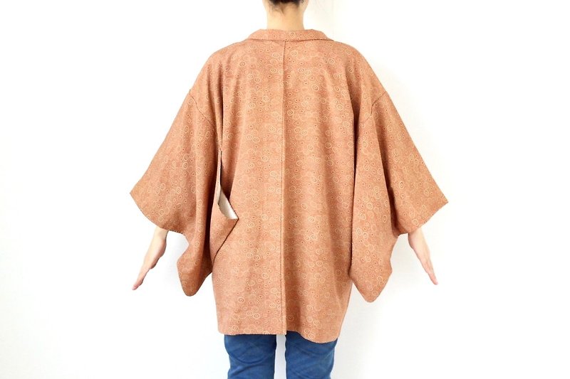 floral haori, Japanese silk kimono, Japanese kimono, kimono robe /3424 - เสื้อแจ็คเก็ต - ผ้าไหม สีส้ม