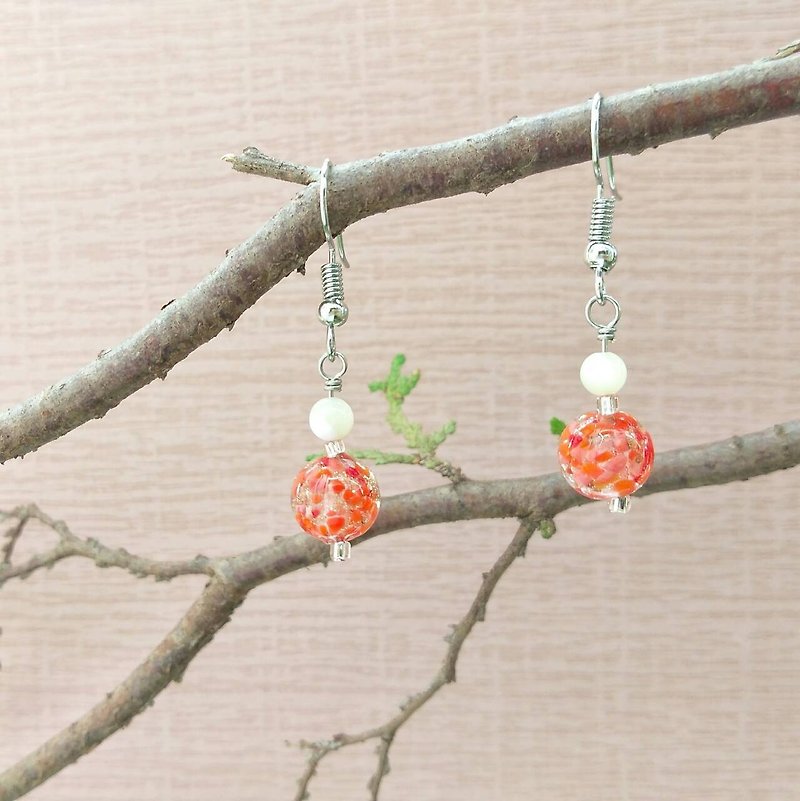  Ruby Red Sommerso Style Murano Glass with Aventurina Earrings (Clip-on Availabl - ต่างหู - แก้ว สีส้ม