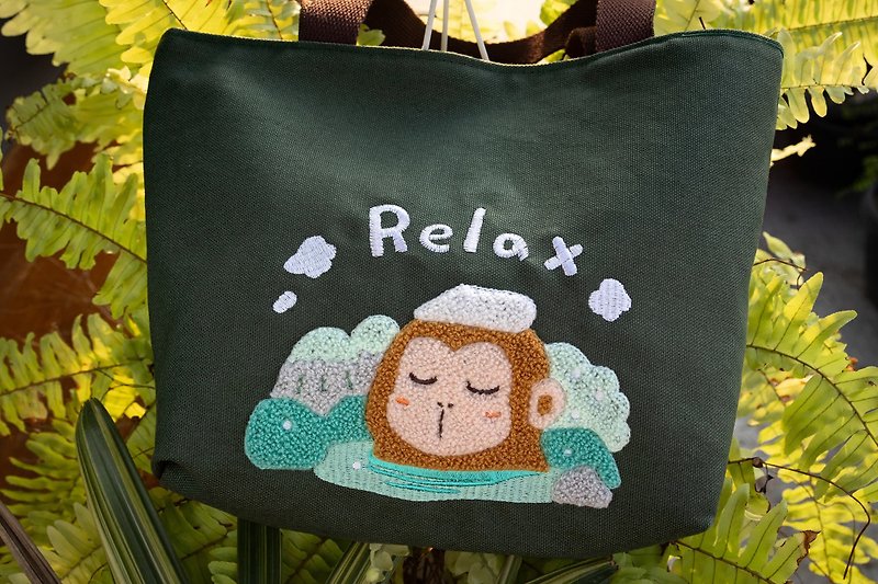 Animal Series-Cute Animal Handbag Two-Purpose Bag Three-dimensional Embroidered Hippo Monkey Tote Bag - Handbags & Totes - Cotton & Hemp Blue